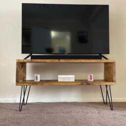 Industrial Tv Unit With Hairpin Legs Rustic Chunky Wood Cabinet - thumbnail 3