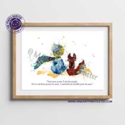 The Little Prince & Fox Watercolor Print, Le Petit Quote Art, Kids Nursery Wall Decor, Baby Shower Gift, Room Poster - 56-N??17 - thumbnail 1