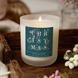 Personalised Botanical Christmas Candle Teal Holiday Decor, Scented Soy Wax