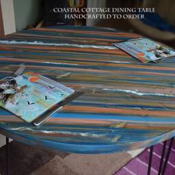 Coastal Cottage Round Wood Dining Table With Gulls & Ocean Waves Black Metal Hair Pin Legs/Us Customers Customs Tariff Is Pre-Paid - thumbnail 3