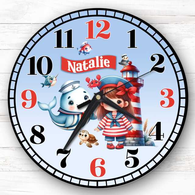 Sealife Sailor Girl Personalised Gift For Kid's Bedroom Clock - Kids Clock, Children's Decor, Custom Wall - image 1