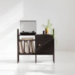 Record Console 97 cm, Narrow Vinyl Sideboard With Cabinet, Mid Century Turntable Stand, Small Media Console, Handmade Wood - thumbnail 2