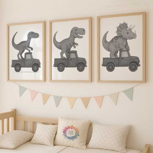 Dinosaur & Truck Wall Prints - Set Of 3 - Dino Digger & Vehicle Nursery Decor Black White A4 Art Gift For Boys Bedroom Or Playroom - image 1