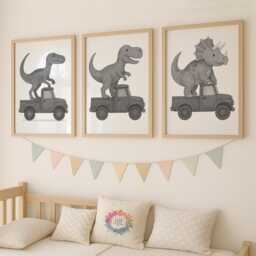 Dinosaur & Truck Wall Prints - Set Of 3 - Dino Digger & Vehicle Nursery Decor Black White A4 Art Gift For Boys Bedroom Or Playroom - thumbnail 1