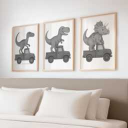 Dinosaur & Truck Wall Prints - Set Of 3 - Dino Digger & Vehicle Nursery Decor Black White A4 Art Gift For Boys Bedroom Or Playroom - thumbnail 2