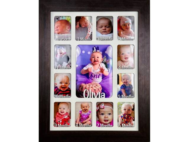Newborn Baby 1st Year Personalised Photo Frame 1-12 Months - Dark Wood & White Insert - image 1