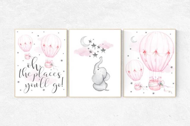 Elephant Nursery Prints Pink Hot Air Balloon, Stars, Cloud Wall Art - image 1