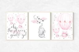 Elephant Nursery Prints Pink Hot Air Balloon, Stars, Cloud Wall Art - thumbnail 1