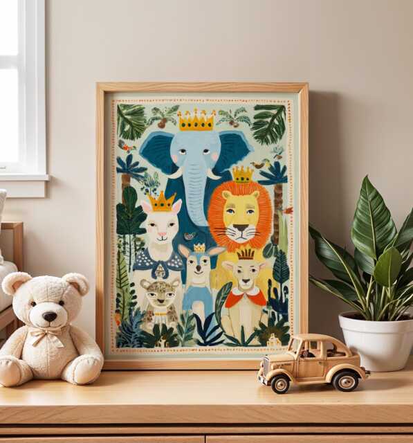 Safari Animal Nursery Wall Art, Jungle Illustration, Lion & Elephant Kids Room Decor, Whimsical Baby Print, Playroom Poster - image 1