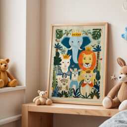Safari Animal Nursery Wall Art, Jungle Illustration, Lion & Elephant Kids Room Decor, Whimsical Baby Print, Playroom Poster - thumbnail 3