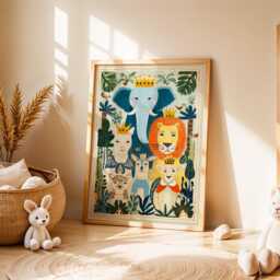 Safari Animal Nursery Wall Art, Jungle Illustration, Lion & Elephant Kids Room Decor, Whimsical Baby Print, Playroom Poster - thumbnail 2
