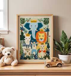Safari Animal Nursery Wall Art, Jungle Illustration, Lion & Elephant Kids Room Decor, Whimsical Baby Print, Playroom Poster - thumbnail 1