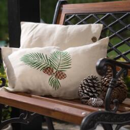 Woodblock Print Linen Pillow Cover, Christmas Pine Cone Decor