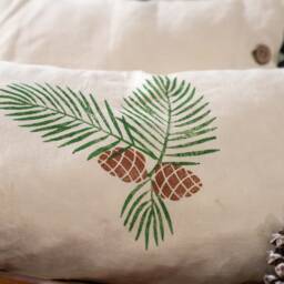 Woodblock Print Linen Pillow Cover, Christmas Pine Cone Decor - thumbnail 4