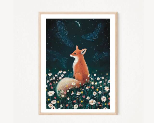 A2 A3 Enchanted Night - Stargazing Fox Art Print Spiritual Woodlands Woodland Animals Christmas Gifts Wildlife - image 1