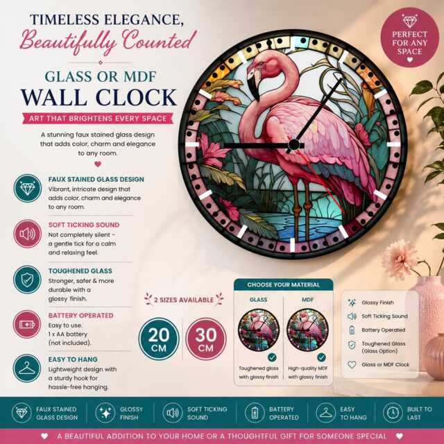 Pink Flamingo Glass Or Mdf Wall Clock Faux Stained Decor - image 1