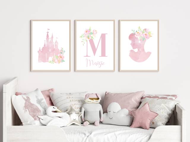 Set Of 3 Princess Prints, Personalised Wall Art, Pink Decor, Girls Bedroom Nursery Flower Posters - image 1