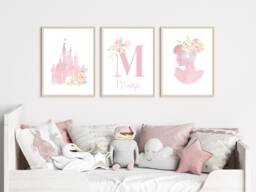 Set Of 3 Princess Prints, Personalised Wall Art, Pink Decor, Girls Bedroom Nursery Flower Posters - thumbnail 1