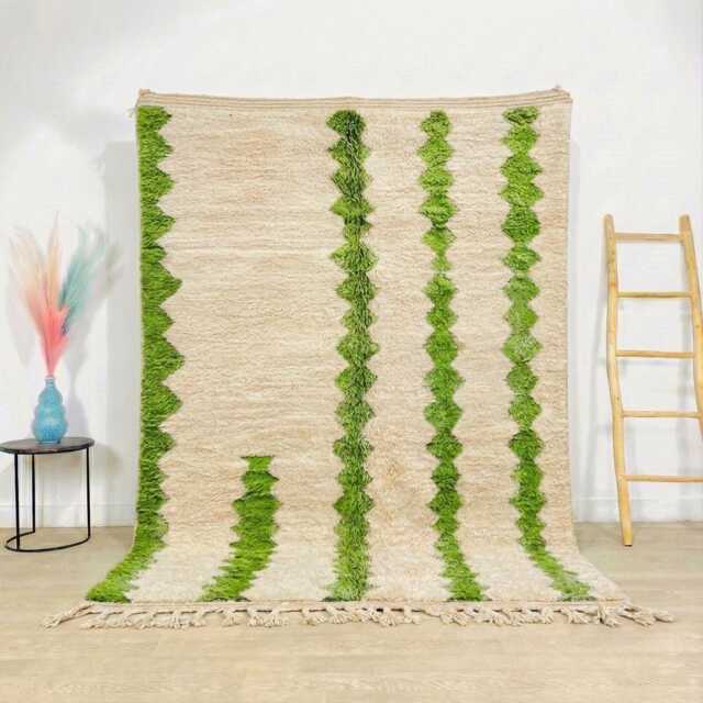 White & Green Moroccan Rug, Modern Berber Shag Carpet, Handwoven Beni Ourain Style Area Rug For Living Room - image 1