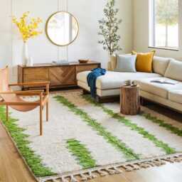 White & Green Moroccan Rug, Modern Berber Shag Carpet, Handwoven Beni Ourain Style Area Rug For Living Room - thumbnail 2