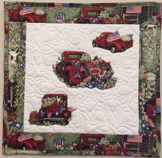 Half Price Sale One Of A Kind Patriotic Red Truck Machine Appliqued & Quilted Wall Hanging Or Table Centerpiece - Susan Winget Fabric - image 1