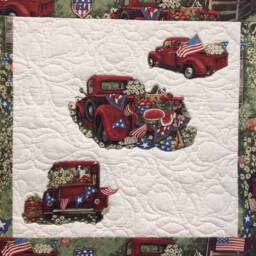 One Of A Kind Patriotic Red Truck Machine Appliqued & Quilted Wall Hanging Or Table Centerpiece - Susan Winget Fabric - thumbnail 4
