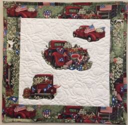 One Of A Kind Patriotic Red Truck Machine Appliqued & Quilted Wall Hanging Or Table Centerpiece - Susan Winget Fabric