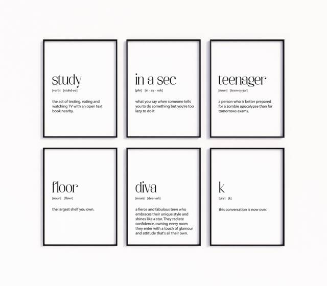 Set Of 6 Teenager Prints, Gallery Prints For Bedroom, Teen Slang Wall Art, Art Adolescents, Funny Humorous Bedroom Decor