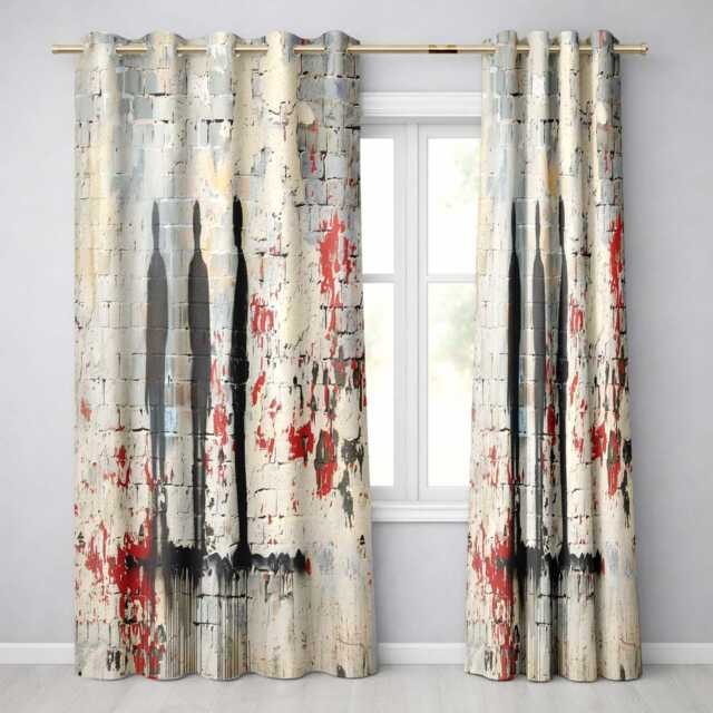 Three Shadow Figures On White Brick Graffiti Wall Distinctive Art Home Decor Readymade Eyelet Ring Top Thermal 100% Blackout Curtains - image 1