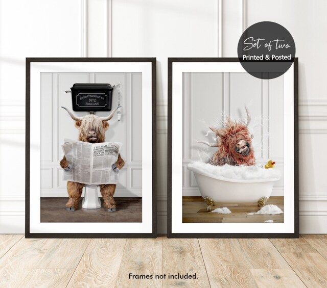 Set Of 2, His & Hers, Highland Cow Funny Bathroom Prints, Valentines Day Or Anniversary Prints