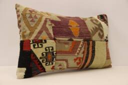 Turkish Kilim Pillow Cover, Vintage Patchwork Wool Lumbar Cushion - 12x20 In
