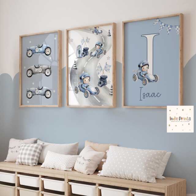 Set Of 3 Race Car Prints, Boys Bedroom Prints, Boys Room Wall Art, Personalised Kids Room, Vehicle Print, Theme Bedroom - image 1