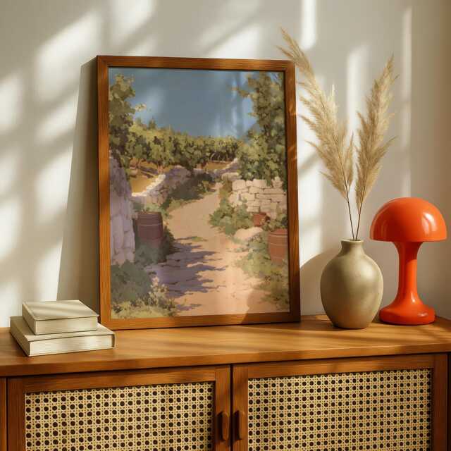 Sunlit Vineyard Path Print - Mediterranean Countryside Wall Art Travel Poster - image 1