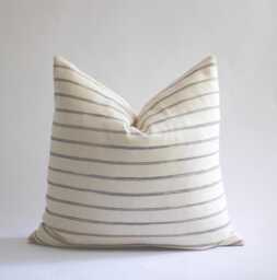 Cream & Gray Woven Cotton Pillow Cover, Neutral Striped Pillow, Chiang Mai Throw Pillows, Designer Covers, Minimalist Cover - thumbnail 1