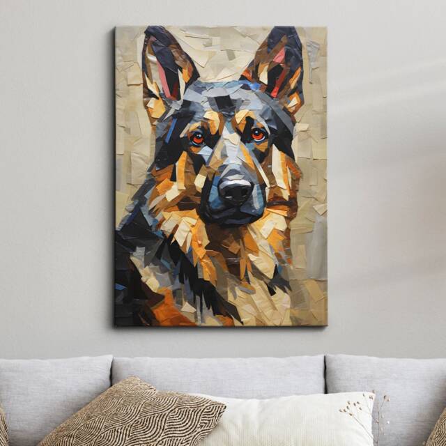 German Shepherd Fun Animal Dog Pet Lover Paper Mache Style Painting Wall Art Framed Canvas Poster Print Home Kitchen Living Room Decor Gift - image 1