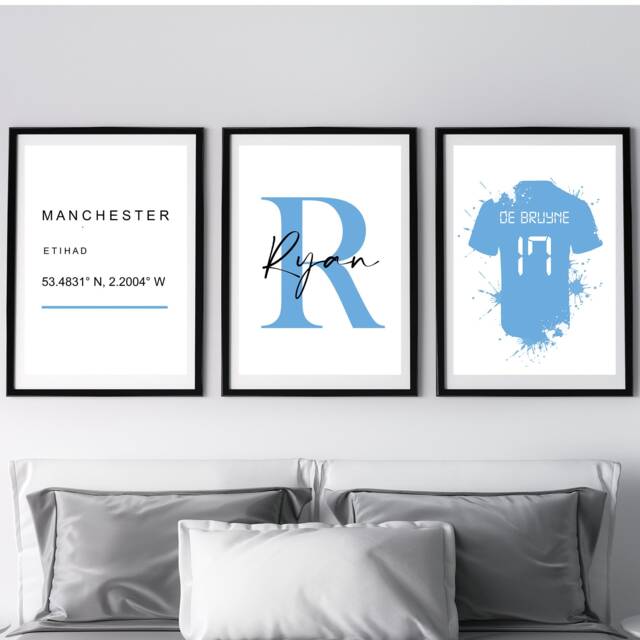 Set Of 3 Personalised Manchester Prints - Football