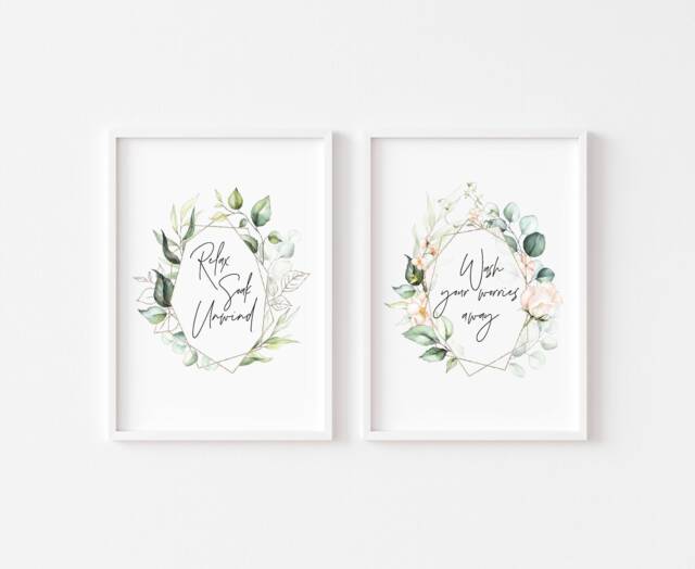 Botanical Watercolour - Bathroom Print Prints Set Of 2 Wall Art Sign Eucalyptus Floral Frame Home