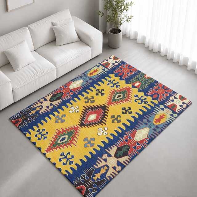 Blue Yellow Folk Geometric Kilim Pattern Rug Non-Slip Soft Area Carpet Bedroom Living Room Hallway Mat Decor - Made in UK - image 1