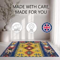 Blue Yellow Folk Geometric Kilim Pattern Rug Non-Slip Soft Area Carpet Bedroom Living Room Hallway Mat Decor - Made in UK - thumbnail 2