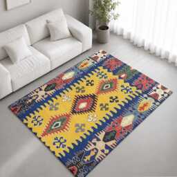 Blue Yellow Folk Geometric Kilim Pattern Rug Non-Slip Soft Area Carpet Bedroom Living Room Hallway Mat Decor - Made in UK