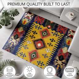 Blue Yellow Folk Geometric Kilim Pattern Rug Non-Slip Soft Area Carpet Bedroom Living Room Hallway Mat Decor - Made in UK - thumbnail 3