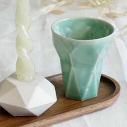 Geometric Shabbat Set - Hexagon Candlesticks & Mint Kiddush Cup - Seconds - thumbnail 4