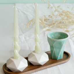 Geometric Shabbat Set - Hexagon Candlesticks & Mint Kiddush Cup - Seconds - thumbnail 2