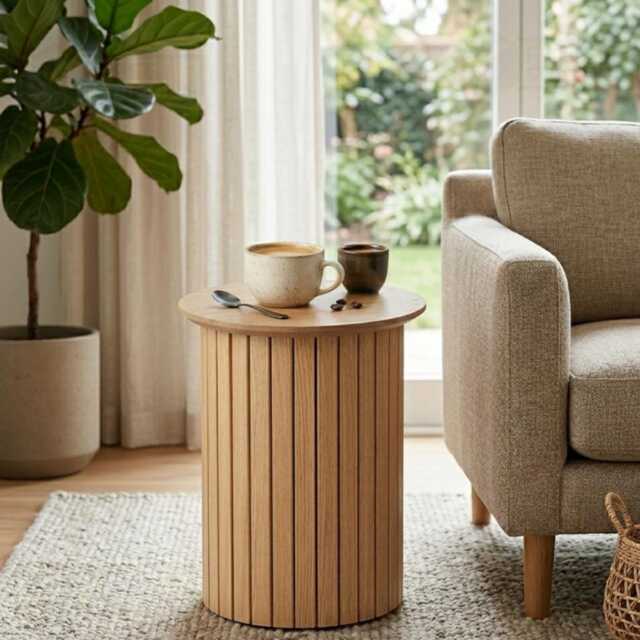 Round Wooden Side Table Panelled Design Compact Coffee End For Living Room - image 1