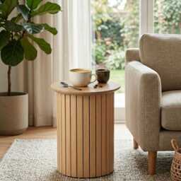 Round Wooden Side Table Panelled Design Compact Coffee End For Living Room