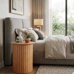 Round Wooden Side Table Panelled Design Compact Coffee End For Living Room - thumbnail 3
