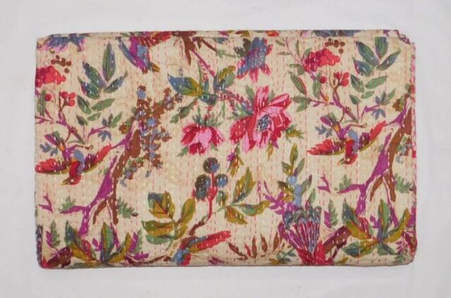 Bird Print Kantha Bedspread Handmade Cotton Queen Blanket - 108x90 - image 1
