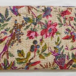 Bird Print Kantha Bedspread Handmade Cotton Queen Blanket - 108x90 - thumbnail 4