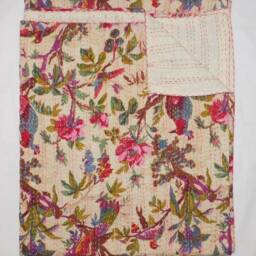 Bird Print Kantha Bedspread Handmade Cotton Queen Blanket - 108x90 - thumbnail 2