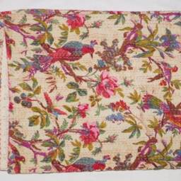 Bird Print Kantha Bedspread Handmade Cotton Queen Blanket - 108x90 - thumbnail 3